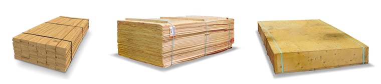 Wood logs and thin wood panels and wood crate, three types and lumber products